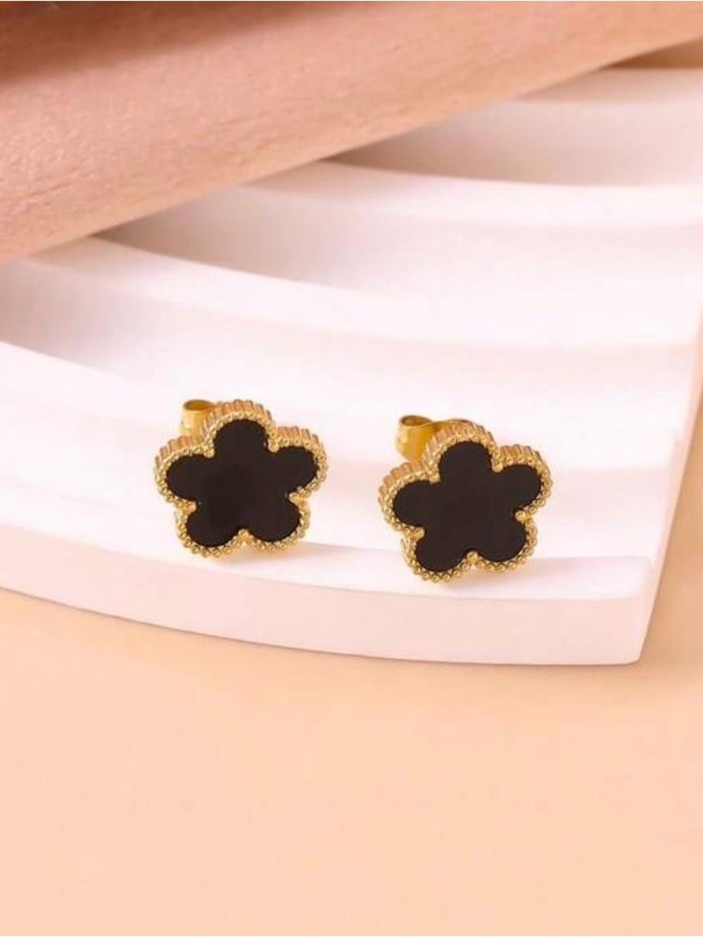 Gold-Trim Black Clover stainless steel non tarnish Stud Earrings - Women Jewelry